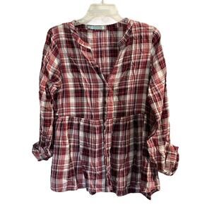 Maurices Women’s Button front Plaid Shirt Sz M Colorless Tunic Blouse